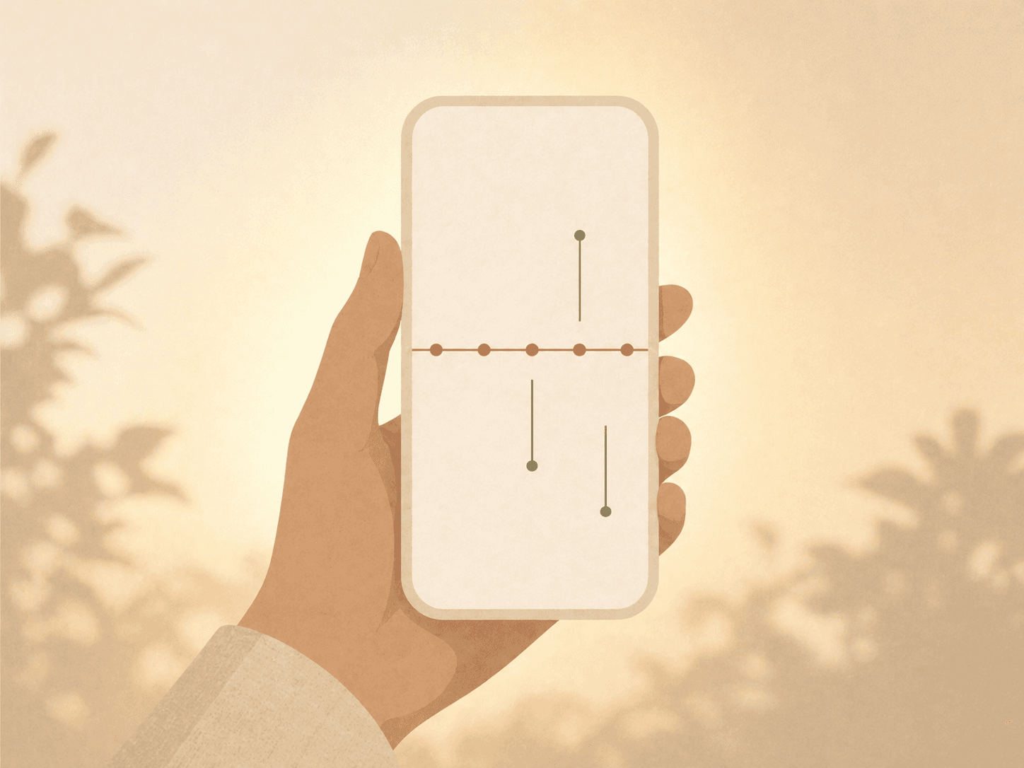 An abstracted phone silhouette held against a warm dusk gradient, the screen showing a glanceable timeline ribbon