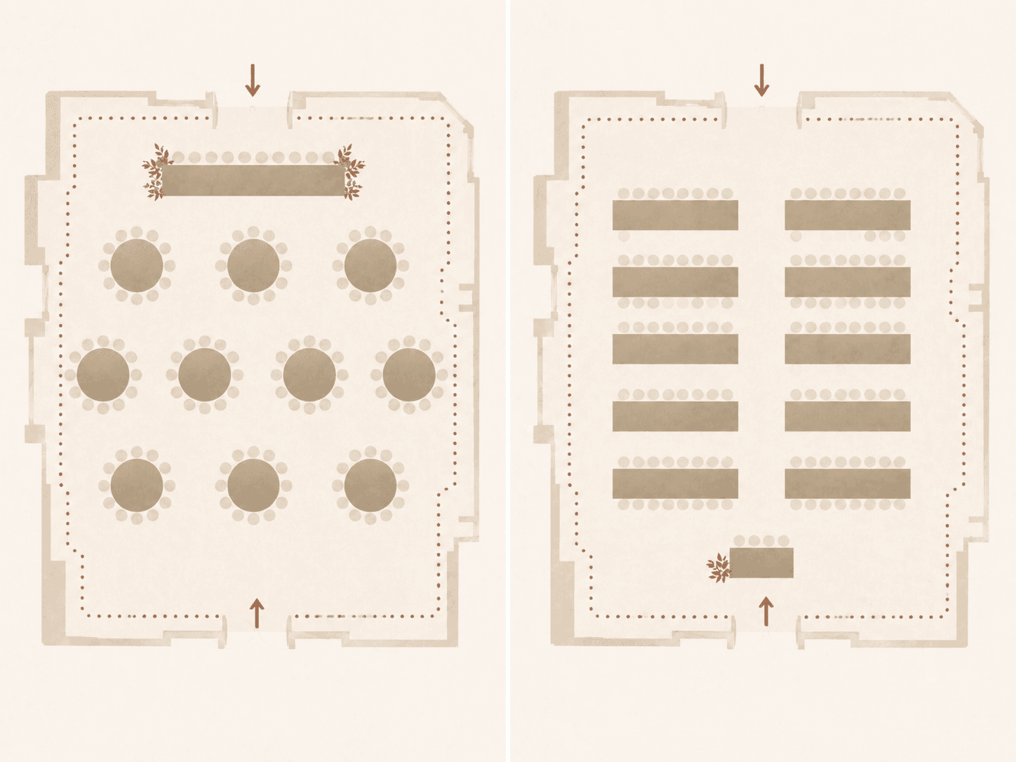 Two top-down room plans on cream paper — round-table and long-table arrangements with dotted fire lanes and dock arrows