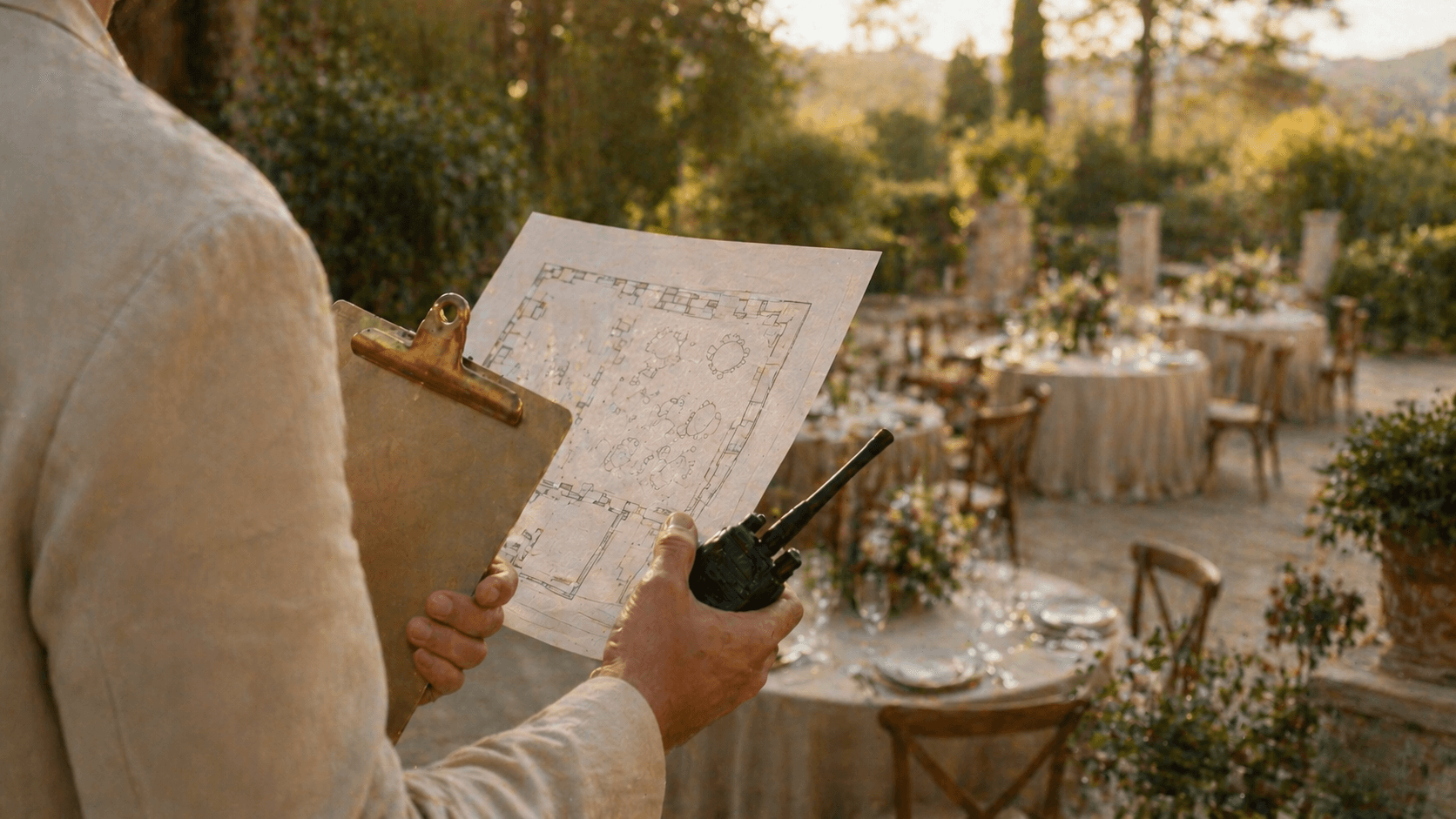 A venue operations lead reviewing a printed floor plan with a two-way radio in hand, an outdoor wedding setup at golden hour beyond